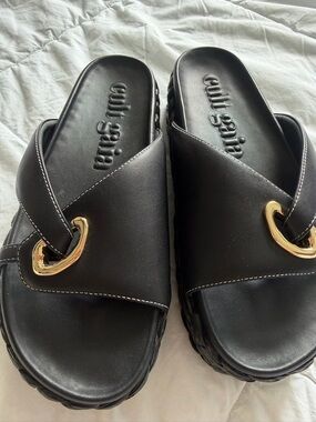 cult gaia Black Slide Sandals with Gold Ring Detail